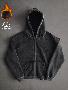 SWAVVY Sweatshirt Hoodie Pria Kasual Longgar dengan Resleting, Desain Polos, Musim Semi/Gugur/Dingin, Ukuran Standar, Y2K, Lapisan Termal - Hitam - View 6