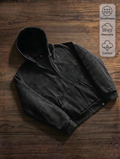 SWAVVY Men's Casual Loose Fit Zip-Up Hoodie Sweatshirt Plain Design Spring/Autumn/Winter Standard Size, Y2K, Thermal Lined