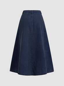 SHEIN MOD Women's Waist Button Design Casual Commute Denim Skirt Fall - Dark Wash - View 3