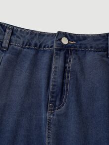 SHEIN MOD Women's Waist Button Design Casual Commute Denim Skirt Fall - Dark Wash - View 5