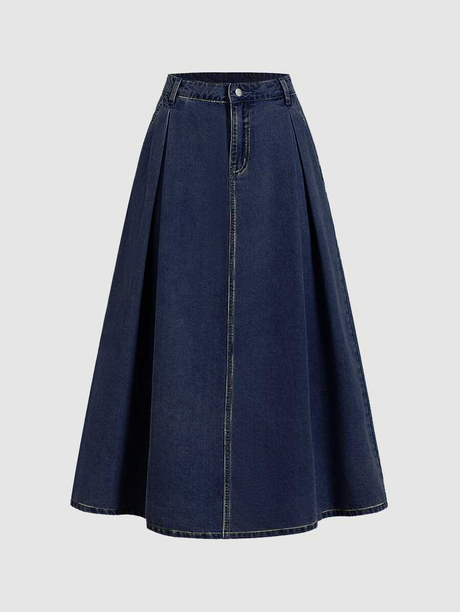 SHEIN MOD Women's Waist Button Design Casual Commute Denim Skirt Fall