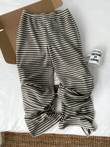 SHEIN 青少年女孩休閒舒適條紋杏色與淺色長褲，百搭居家與街頭穿搭 - 彩色 - 查看 6