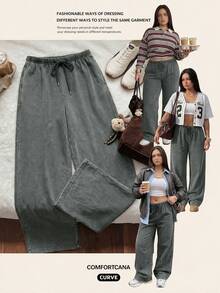 Solflare Plus Size All Season Vintage Washed Drawstring Black Casual Sweatpants - Dark Grey - View 3