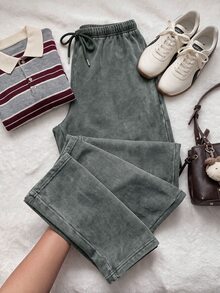 Solflare Plus Size All Season Vintage Washed Drawstring Black Casual Sweatpants - Dark Grey - View 1