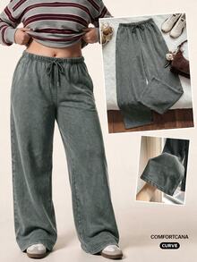Solflare Plus Size All Season Vintage Washed Drawstring Black Casual Sweatpants - Dark Grey - View 7