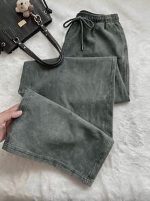 Solflare Plus Size All Season Vintage Washed Drawstring Black Casual Sweatpants - Dark Grey - View 5