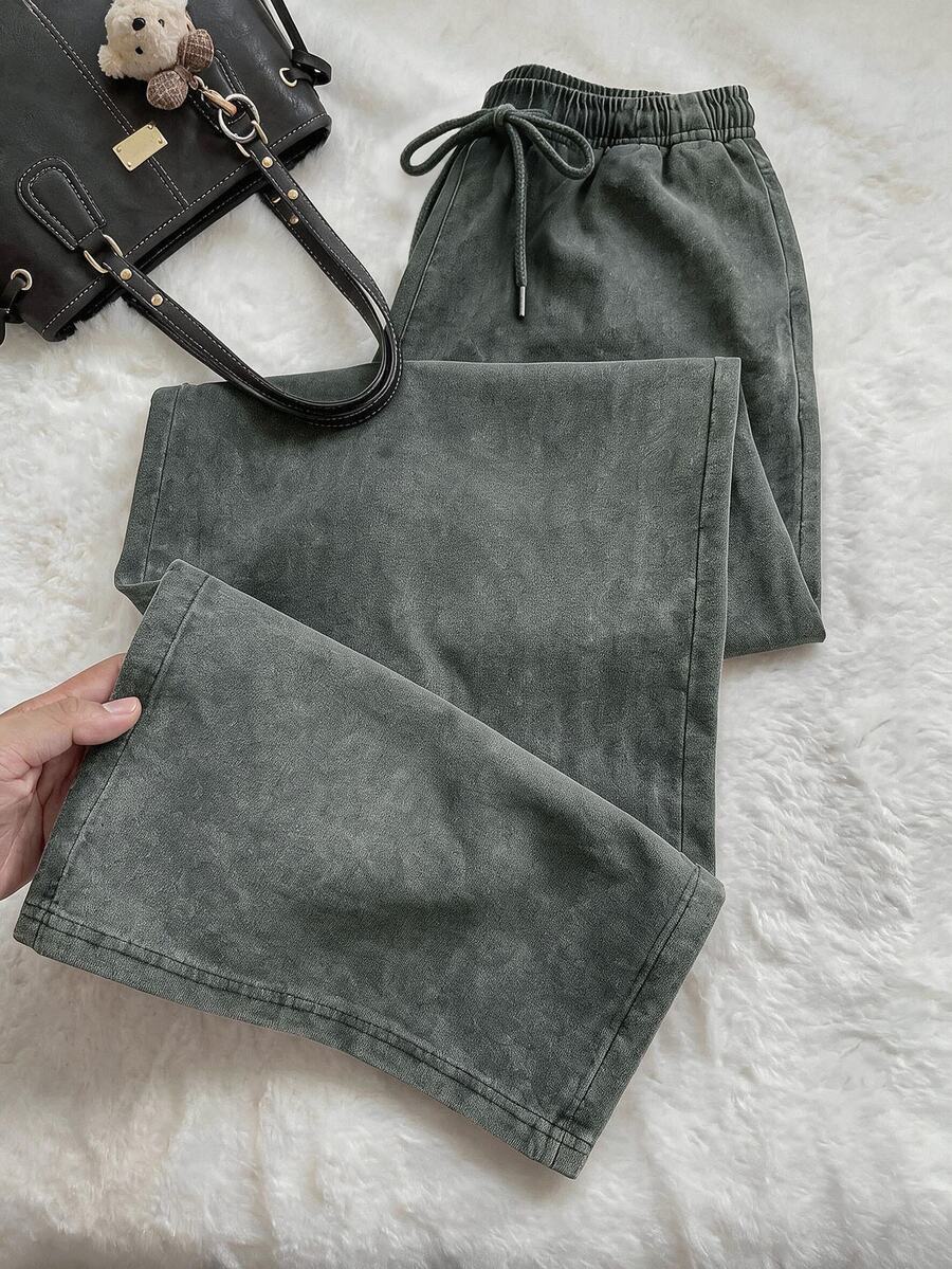 Solflare Plus Size All Season Vintage Washed Drawstring Black Casual Sweatpants - Dark Grey - View 1