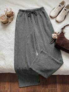 Solflare Plus Size All Season Vintage Washed Drawstring Black Casual Sweatpants - Dark Grey - View 4