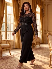 Velvienne Women's Elegant Long Sleeve Round Neck Sequin Embroidered Elastic Waist Invisible Zipper Jumpsuit, Suitable For Party, Evening, Holiday Wear - Black - View 4