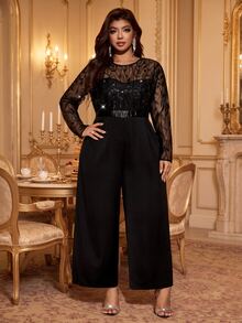 Velvienne Women's Elegant Long Sleeve Round Neck Sequin Embroidered Elastic Waist Invisible Zipper Jumpsuit, Suitable For Party, Evening, Holiday Wear - Black - View 5