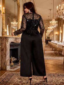 Velvienne Women's Elegant Long Sleeve Round Neck Sequin Embroidered Elastic Waist Invisible Zipper Jumpsuit, Suitable For Party, Evening, Holiday Wear - Black - View 2