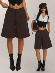 SHEIN PETITE 女款春季休閒通勤灰色百慕大短褲 - 棕色 - 查看 1