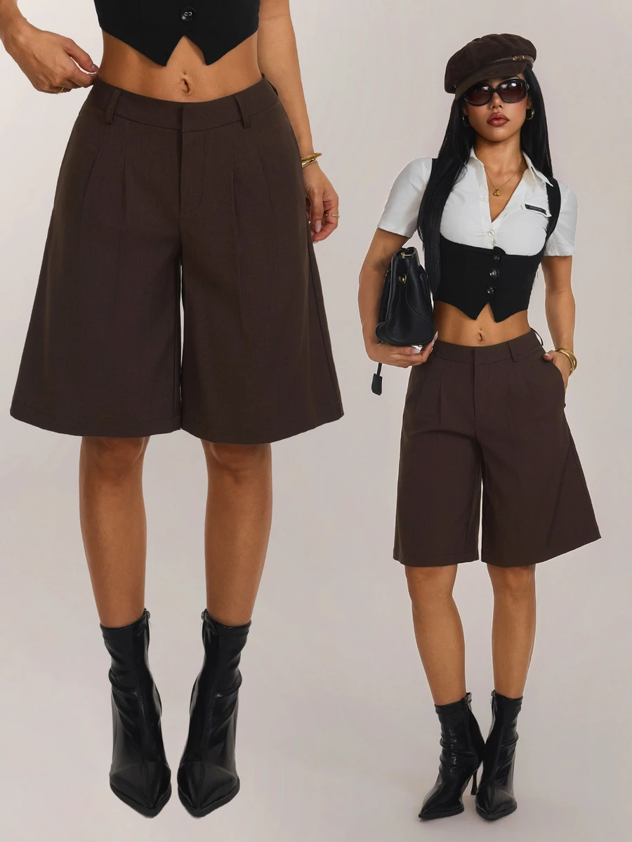 SHEIN PETITE 女款春季休閒通勤灰色百慕大短褲 - 棕色 - 查看 1