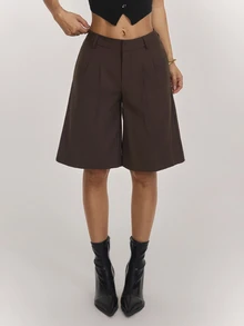 SHEIN PETITE 女款春季休閒通勤灰色百慕大短褲 - 棕色 - 查看 10