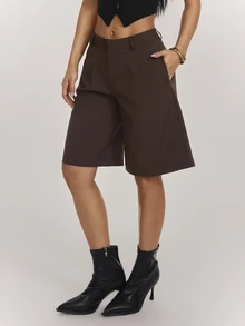 SHEIN PETITE 女款春季休閒通勤灰色百慕大短褲 - 棕色 - 查看 8