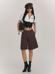 SHEIN PETITE 女款春季休閒通勤灰色百慕大短褲 - 棕色 - 查看 2