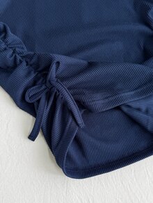 SHEIN Kids Tween Girl Autumn Long Sleeve Ruched Tie-Front T-Shirt, Casual Everyday Wear - Navy Blue - View 7