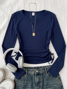 SHEIN Kids Tween Girl Autumn Long Sleeve Ruched Tie-Front T-Shirt, Casual Everyday Wear - Navy Blue - View 3
