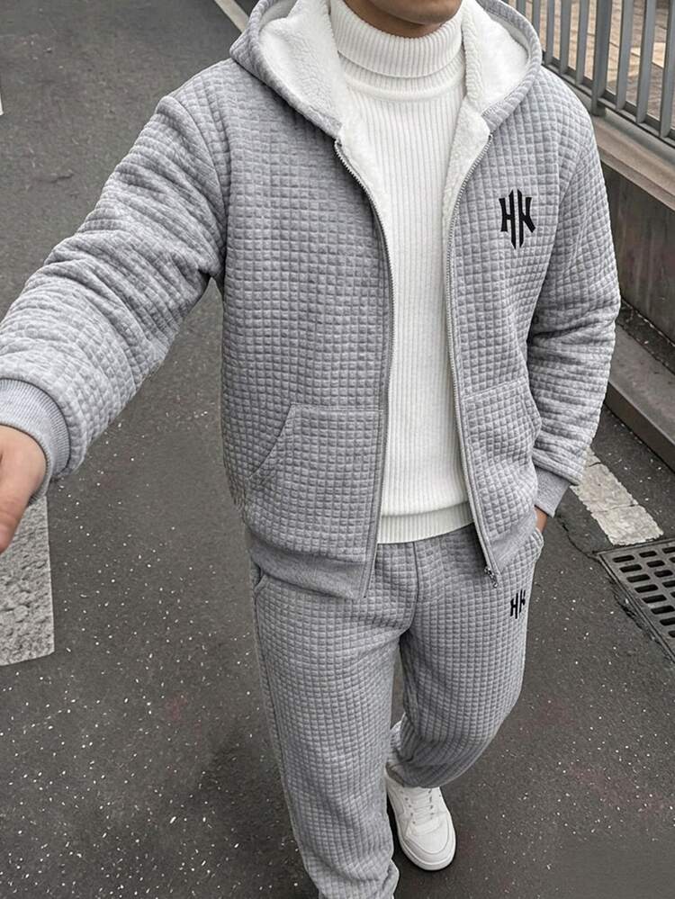 SHEIN Kids Tween Boy Hooded Casual Sports Plaid Textured Thermal Lined Zip-Up Jacket Coat Suitable For Commuting School Daily Casual Vacation Travel Sports Autumn Winter - Grey - View 6
