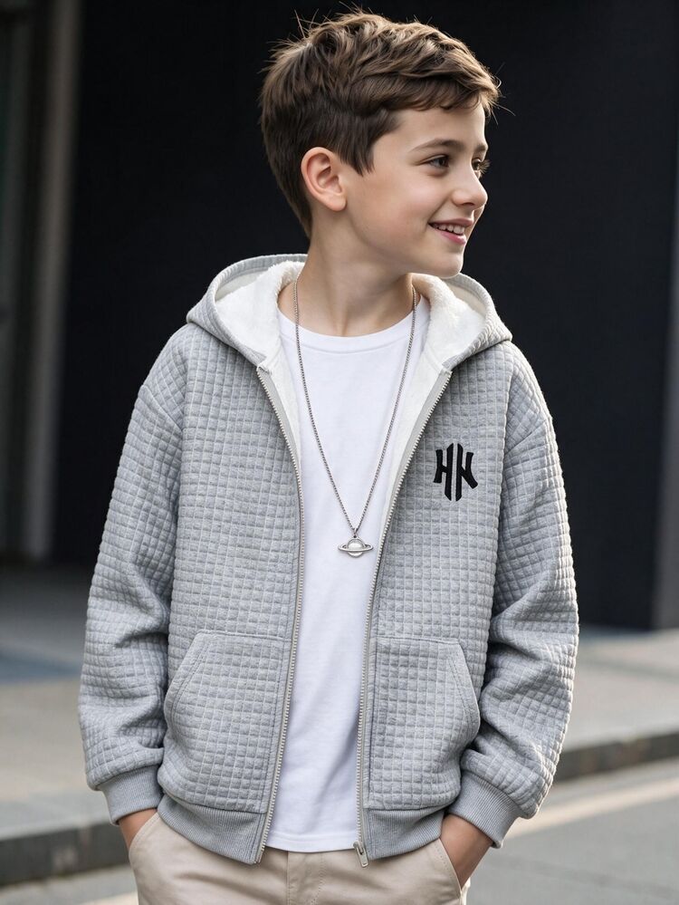 SHEIN Kids Tween Boy Hooded Casual Sports Plaid Textured Thermal Lined Zip-Up Jacket Coat Suitable For Commuting School Daily Casual Vacation Travel Sports Autumn Winter - Grey - View 2