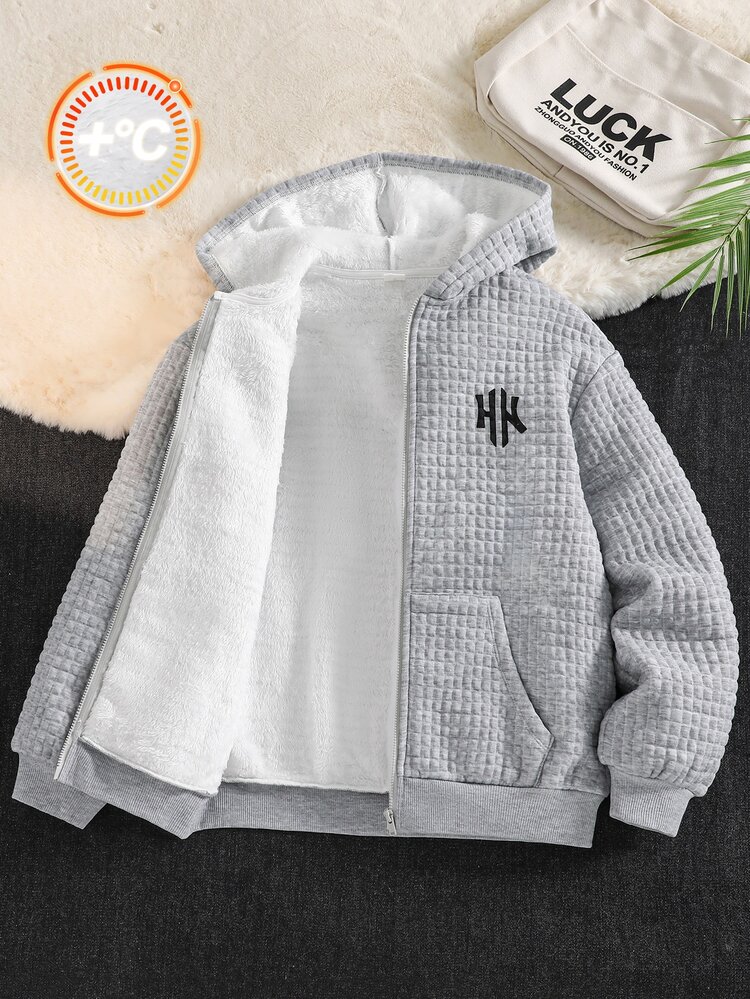 SHEIN Kids Tween Boy Hooded Casual Sports Plaid Textured Thermal Lined Zip-Up Jacket Coat Suitable For Commuting School Daily Casual Vacation Travel Sports Autumn Winter - Grey - View 5