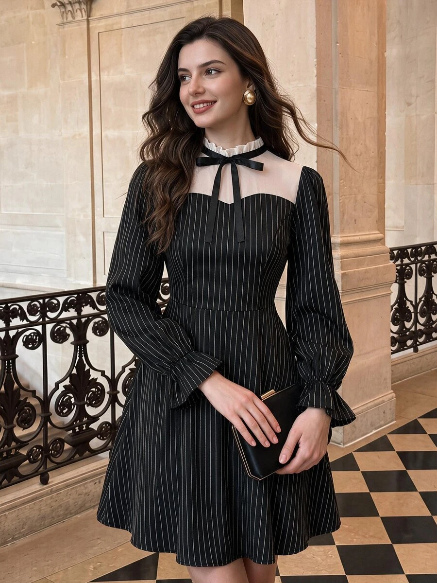 Vintamour Women's Bow Decor Patchwork Striped Ruffle Cuff Elegant Short Dress Elegant Black Dress For Women Fall/Winter Elegant Wedding Guest Party Dress Women - Black - View 1