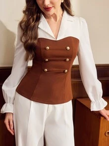 Vintamour Women's Lapel Contrast Color Patchwork Napoleon Style Double-Breasted Waist-Cinched Slimming Long Sleeve Top Office Brown And White Polka Dot - Brown - View 6