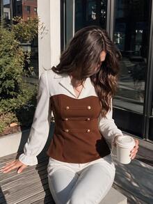 Vintamour Women's Lapel Contrast Color Patchwork Napoleon Style Double-Breasted Waist-Cinched Slimming Long Sleeve Top Office Brown And White Polka Dot - Brown - View 3