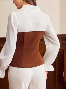 Vintamour Women's Lapel Contrast Color Patchwork Napoleon Style Double-Breasted Waist-Cinched Slimming Long Sleeve Top Office Brown And White Polka Dot - Brown - View 2