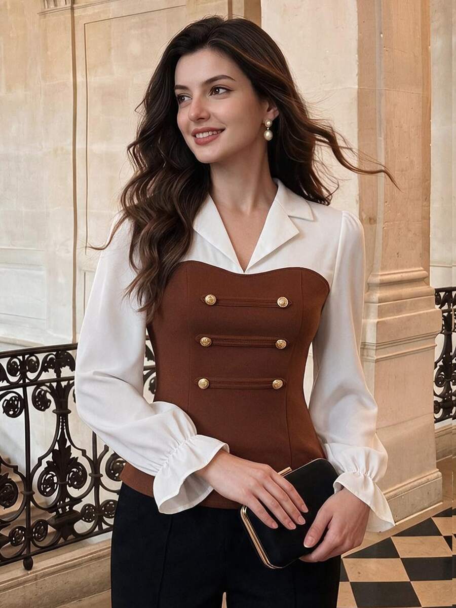 Vintamour Women's Lapel Contrast Color Patchwork Napoleon Style Double-Breasted Waist-Cinched Slimming Long Sleeve Top Office Brown And White Polka Dot - Brown - View 1