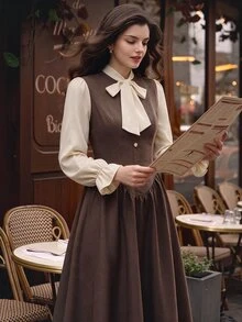 Vintamour Gaun Panjang Wanita 2in1 dengan Desain Pita Lipit, Cocok untuk Makan Malam, Pesta Teh, Ulang Tahun, Warna Cokelat dan Krem, Cocok untuk Musim Gugur, Gaya Prancis Elegan dan Vintage. - Coklat - View 3