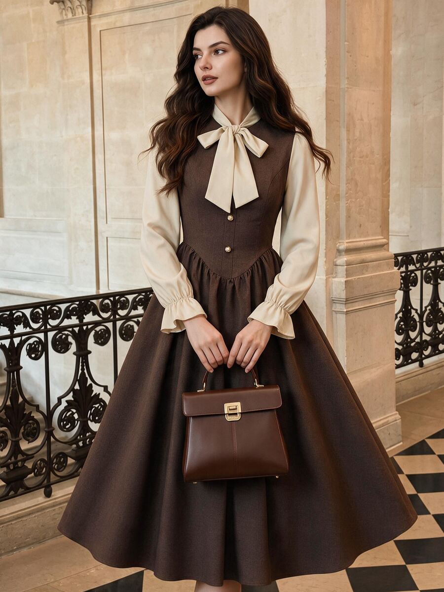 Vintamour Gaun Panjang Wanita 2in1 dengan Desain Pita Lipit, Cocok untuk Makan Malam, Pesta Teh, Ulang Tahun, Warna Cokelat dan Krem, Cocok untuk Musim Gugur, Gaya Prancis Elegan dan Vintage. - Coklat - View 1