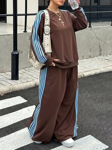 SHEIN CURVE+ Plus Size Women's Striped Crew Neck Short Sleeve T-Shirt And Pants Casual 2 Pieces Set - Brown - View 6