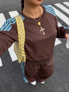 SHEIN CURVE+ Plus Size Women's Striped Crew Neck Short Sleeve T-Shirt And Pants Casual 2 Pieces Set - Brown - View 7