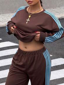 SHEIN CURVE+ Plus Size Women's Striped Crew Neck Short Sleeve T-Shirt And Pants Casual 2 Pieces Set - Brown - View 5