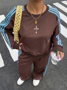 SHEIN CURVE+ Plus Size Women's Striped Crew Neck Short Sleeve T-Shirt And Pants Casual 2 Pieces Set - Brown - View 4
