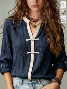 Omancia Women's Contrast Color Cutout Stand Collar Cuffed Sleeve Loose Fashion Shirt - Apricot - View 3