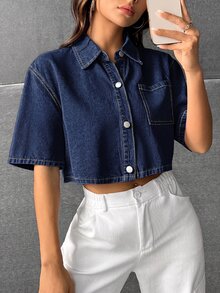 SHEIN EZwear Women's Casual Washed Cropped Denim Shirt - Dark Wash - View 6