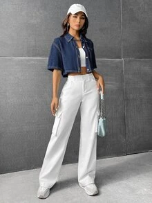 SHEIN EZwear Women's Casual Washed Cropped Denim Shirt - Dark Wash - View 5