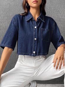 SHEIN EZwear Women's Casual Washed Cropped Denim Shirt - Dark Wash - View 3