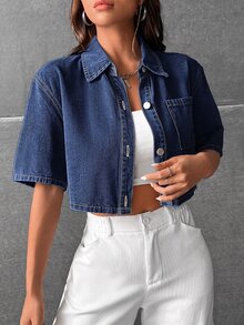 SHEIN EZwear Women's Casual Washed Cropped Denim Shirt - Dark Wash - View 4