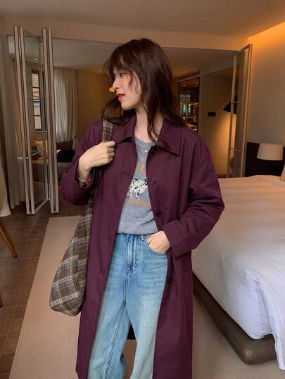 Yunfilé Women's Long Shirt-Style Trench Coat, Lapel Single-Breasted Drop Shoulder Roll-Up Sleeve Loose Silhouette Knee-Length Open Front Top, Casual Commute Date Travel, Relaxed Minimalist Wine Purple Spring Autumn
