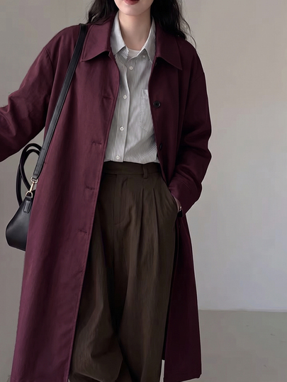 Yunfilé Women's Long Shirt-Style Trench Coat, Lapel Single-Breasted Drop Shoulder Roll-Up Sleeve Loose Silhouette Knee-Length Open Front Top, Casual Commute Date Travel, Relaxed Minimalist Wine Purple Spring Autumn