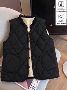 SHEIN Clasi 女款保暖內裡單排扣荷葉邊飾V領冬季背心 - 黑色 - 查看 2