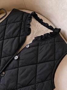 SHEIN Clasi 女款保暖內裡單排扣荷葉邊飾V領冬季背心 - 黑色 - 查看 5