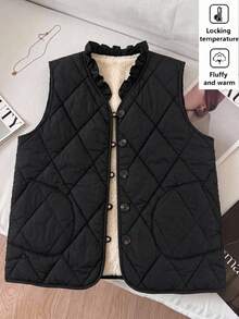 SHEIN Clasi 女款保暖內裡單排扣荷葉邊飾V領冬季背心 - 黑色 - 查看 1