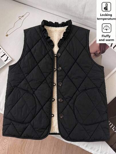 SHEIN Clasi Rompi Musim Dingin Wanita Berkerah V, Berkancing Tunggal, Berhiaskan Rumbai, dengan Lapisan Termal dan Trim.