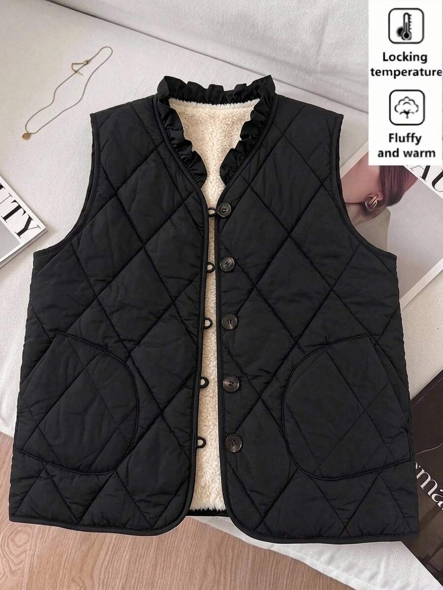 SHEIN Clasi 女款保暖內裡單排扣荷葉邊飾V領冬季背心 - 黑色 - 查看 1