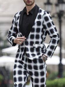 Calvornis Men's Solid Color Patchwork Front Button Closure Long Sleeve Top With Pocket & Trousers Suit Set - Black - View 9