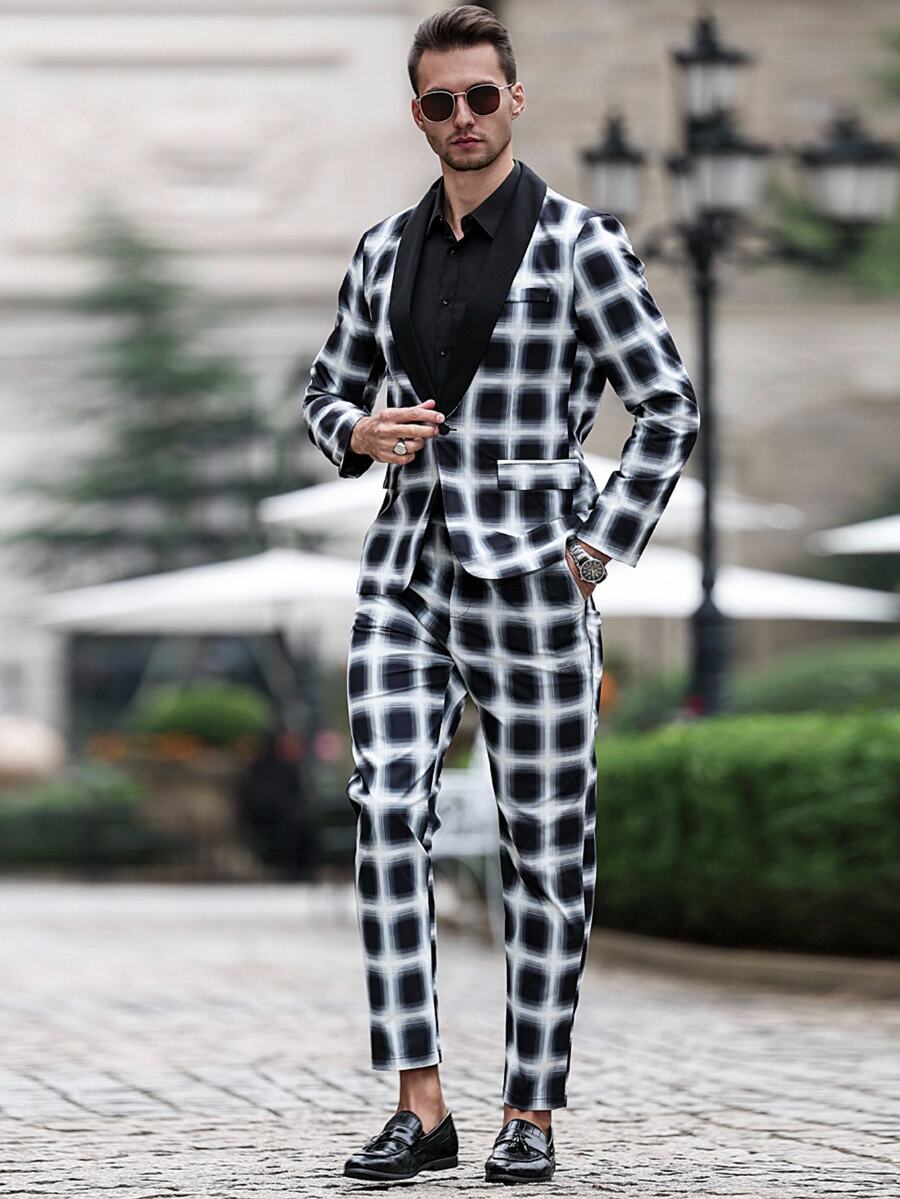 Calvornis Men's Solid Color Patchwork Front Button Closure Long Sleeve Top With Pocket & Trousers Suit Set - Black - View 1